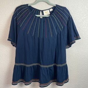 Maeve Anthropologie Chamonix Embroidered Swing Top Large Short Sleeve Relax Boho